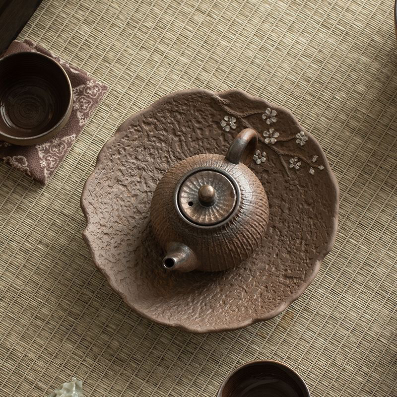 粗陶干泡盘中式养壶茶具茶承盘复古茶壶底座陶瓷茶台茶盘托盘零配