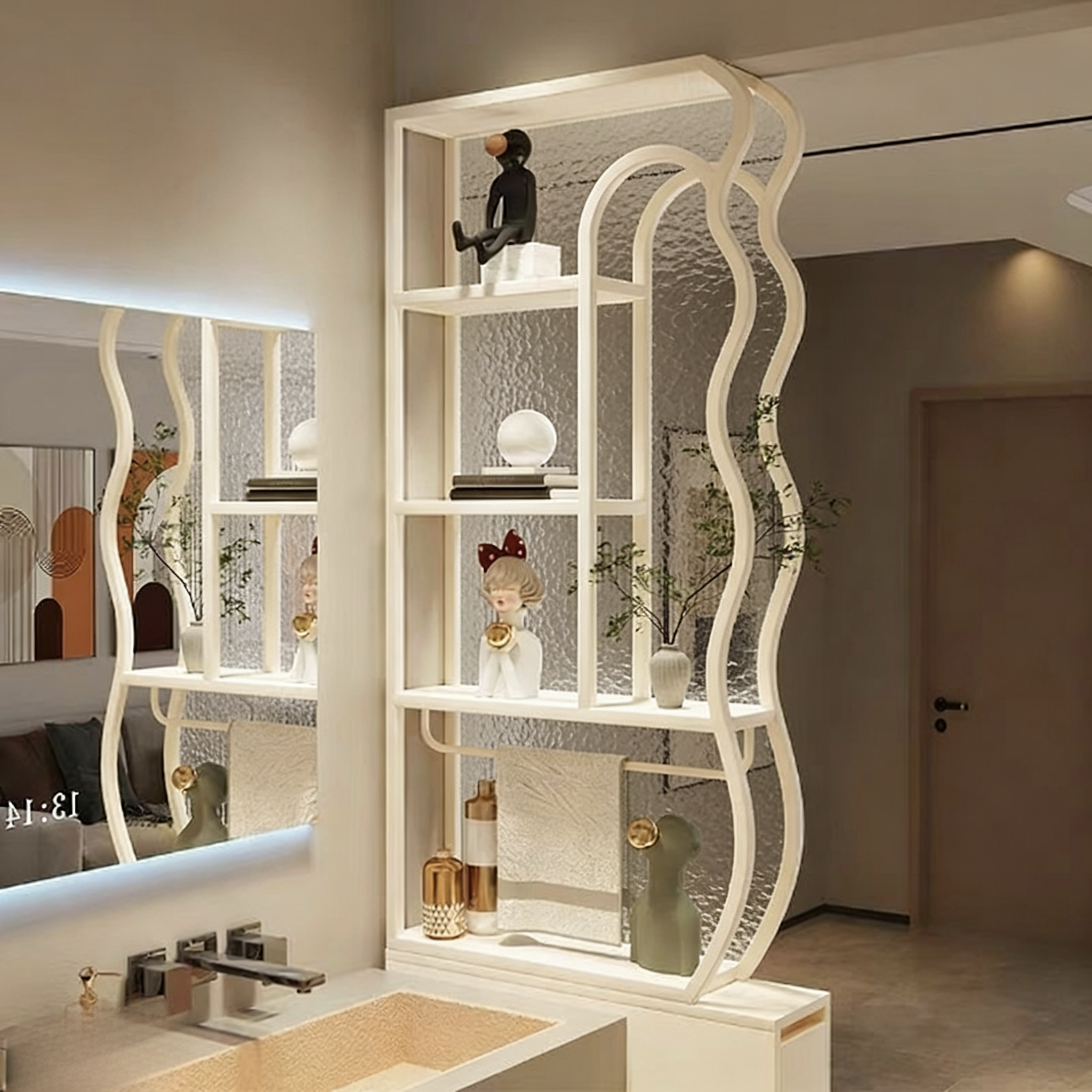 奶油风卫生间半墙屏风隔断柜子现代简约长虹玻璃铁艺干湿区洗手台