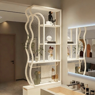 奶油风长虹玻璃水波纹半墙屏风隔断柜子卫生间洗漱台干湿区置物架