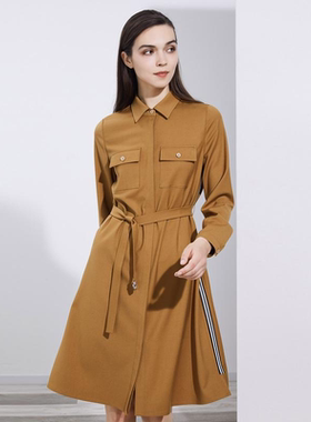 如赋姜黄色衬衫式系腰带长袖连衣裙