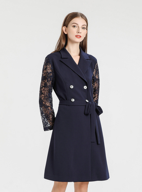 岚烟 深蓝色西装款蕾丝袖中长款连衣裙