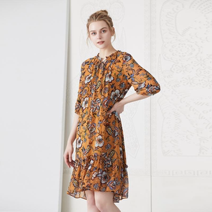 雪纺连衣裙 印花褶边灯笼五分袖 繁花 夏季