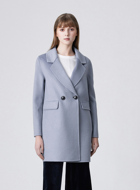 兰亭 纯羊毛雾霾蓝中长款翻驳领双面呢大衣