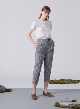 色织灰蓝色经典英伦风细格纹锥形裤(套装西装需单拍)-雁回
