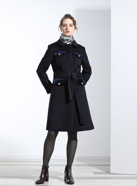 唯觅 纯羊毛水波纹全里衬拼接蓝色丝绒兜盖小翻领女士大衣