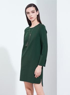 墨绿色微廓气质长袖连衣裙