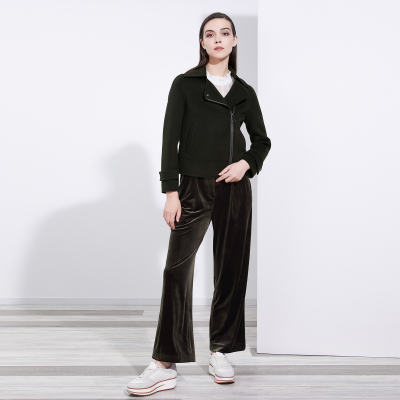 暖歌 橄榄绿机车款纯羊毛双面呢女士短款大衣外套