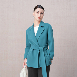 光海 绵羊毛双面呢短款一粒扣孔雀蓝大衣毛呢外套