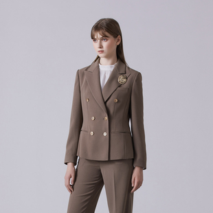 梧桐 烟草棕色乱麻肌理感双排扣西装外套