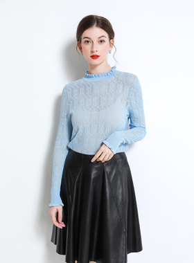汀兰 淡蓝色针织移针镂空木耳领时尚套头衫
