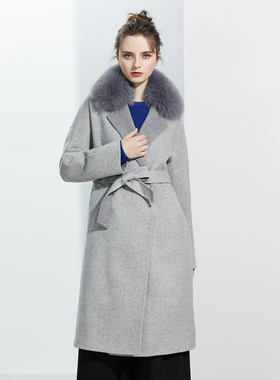 尘光 纯羊毛灰色人字纹双色双面呢收腰狐狸毛领大衣外套