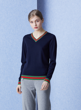 翡冷翠之忆 美利奴羊毛撞色针织V领套衫
