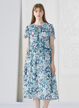 风韵轻薄雪纺蓝色印花荷叶边元素连衣裙