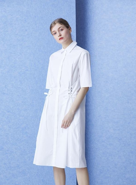 心系 白色长绒棉抽绳系带短袖衬衫式连衣裙