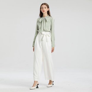 高腰褶裥阔腿裤 芷卉 白色条纹时尚