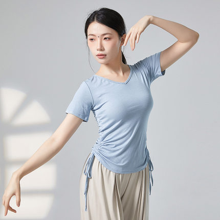 成人舞蹈练功服上衣夏季短袖t恤侧边系带现代舞服女瑜伽形体训练