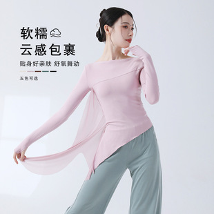 现代舞蹈服练功服女秋季新款身韵舞衣长袖套指飘纱修身形体服上衣