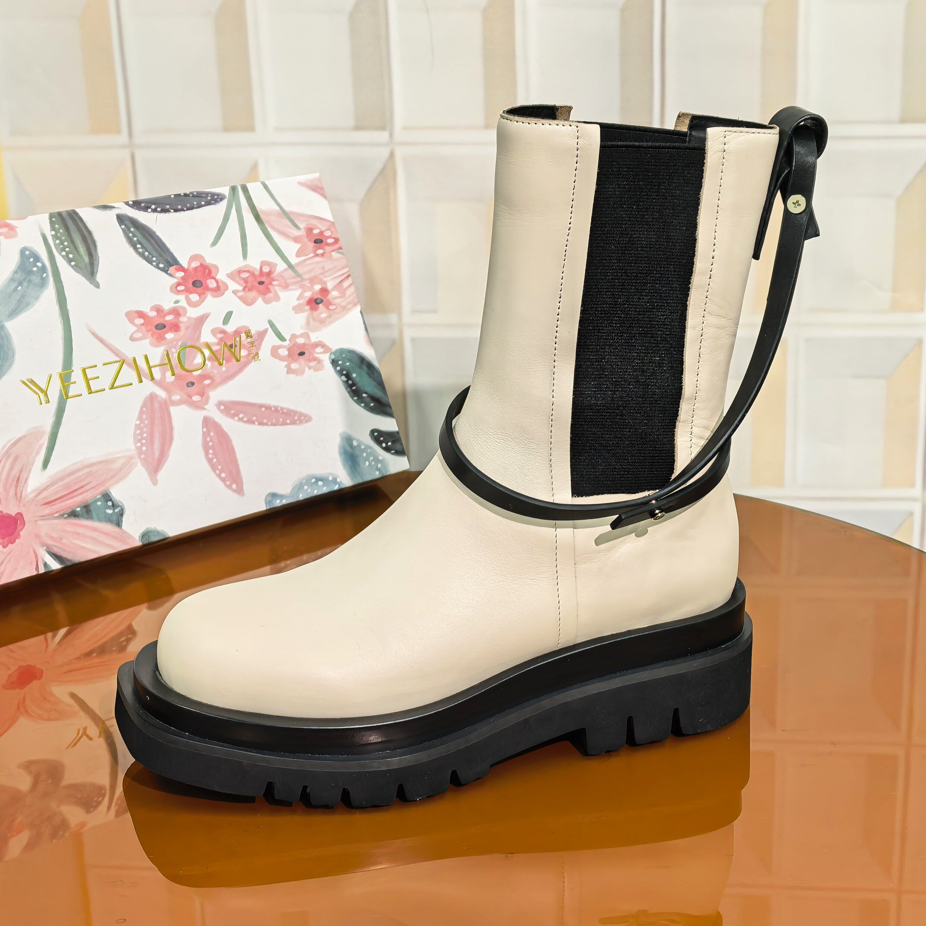 3531/5CM牛皮清仓撤柜断码处理中筒靴马丁靴中跟欧美风拼色女靴子