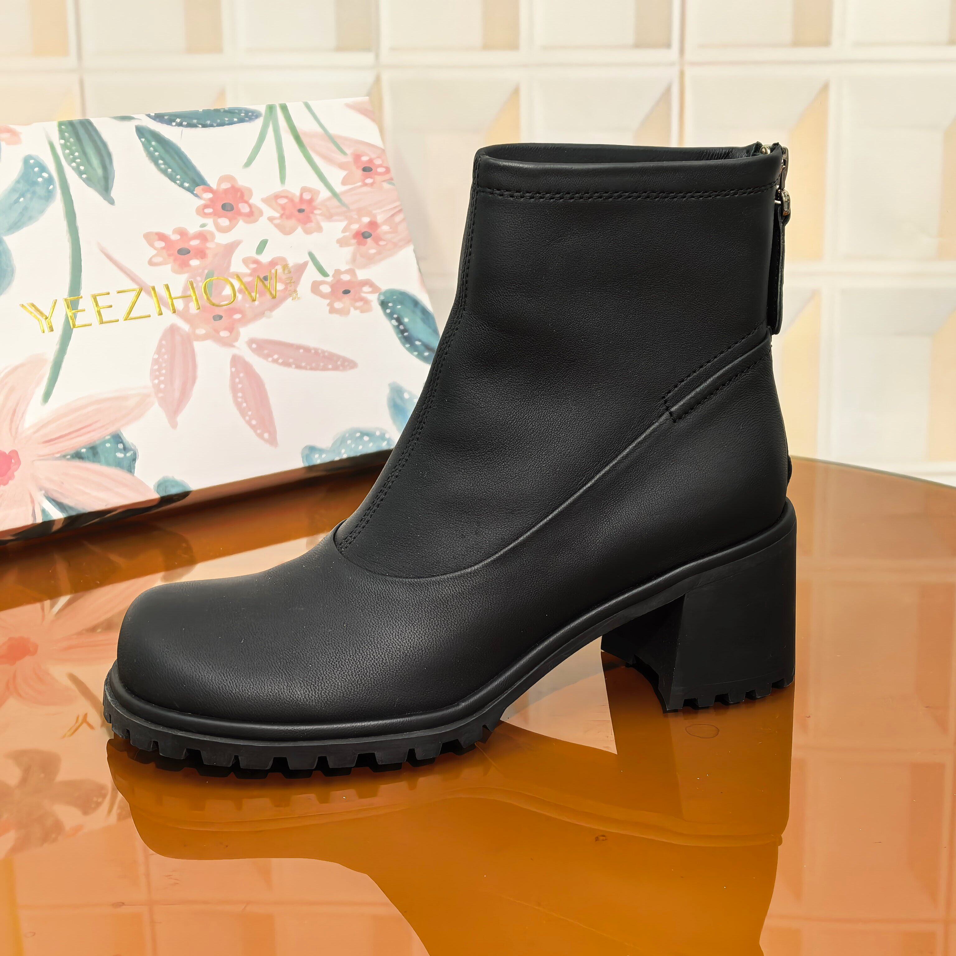 1107/5CM牛皮断码撤柜清仓处理女靴高跟圆头秋冬加绒粗跟舒适短靴