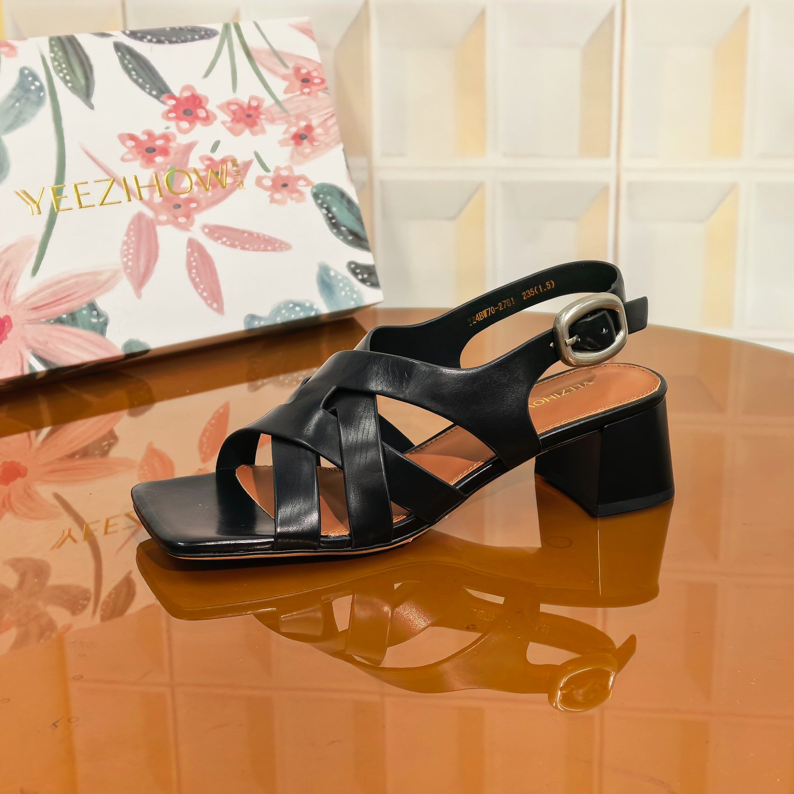 2781/5CM胎牛皮断码撤柜清仓处理高跟鞋蕾丝露趾凉鞋磨砂皮百搭女