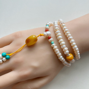 菲设计天然淡水珍珠极光炫彩圆珠手串柔光手链