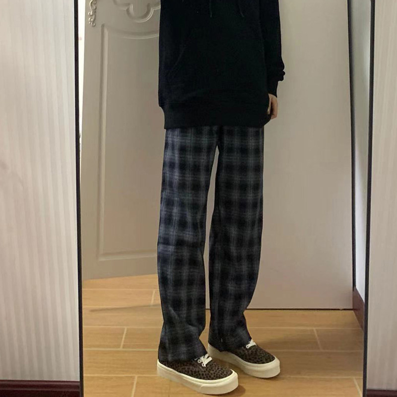 秋季黑白格子裤女宽松显瘦微胖穿搭裤女大码胖mm高腰直筒休闲裤潮