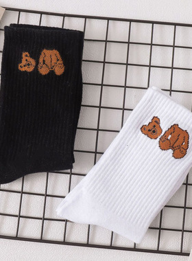 PALM棕榈树天使Angle断头小熊纯棉运动中筒袜男女袜INS黑白色棉袜