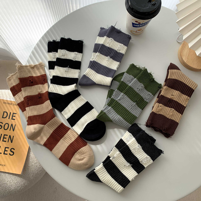 条纹破洞袜子女中筒ins潮乞丐袜堆堆袜日系小红书爆款韩国东大门
