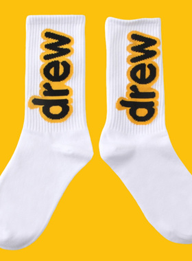 笑脸Drew涂鸦字母21ss搭配洞洞鞋潮流运动休闲中筒袜子男女长筒袜