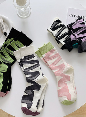 抽象曲线法式中筒袜秋冬季紫色线条丝带ins潮流网红个性复古棉袜