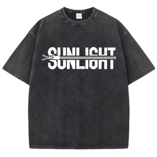 阳光水洗棉质T恤妇女拉链图案印花短袖痛苦超大o领上衣