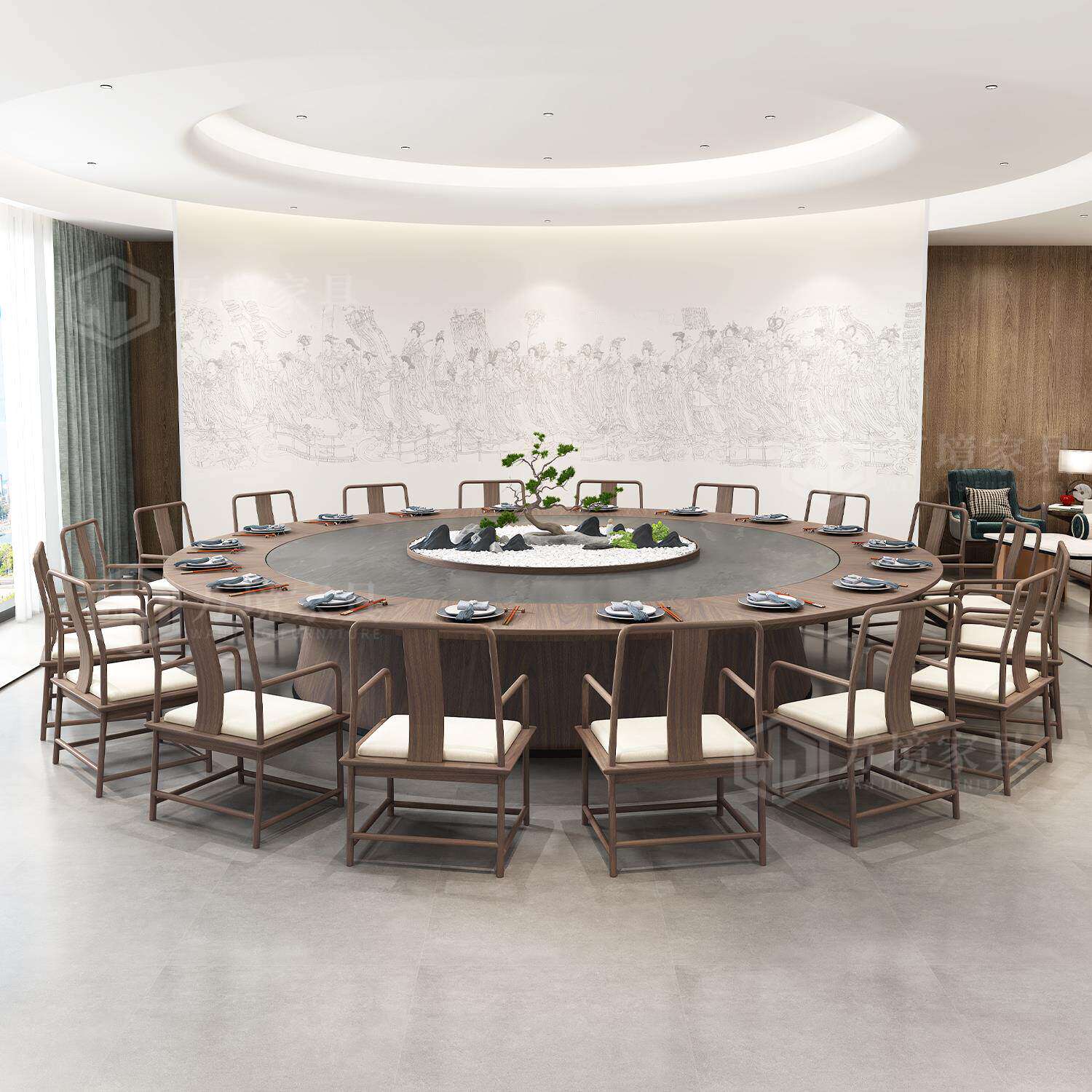 新中式酒店电动餐桌大圆桌20人岩板实木平行升降转盘会所家具定制