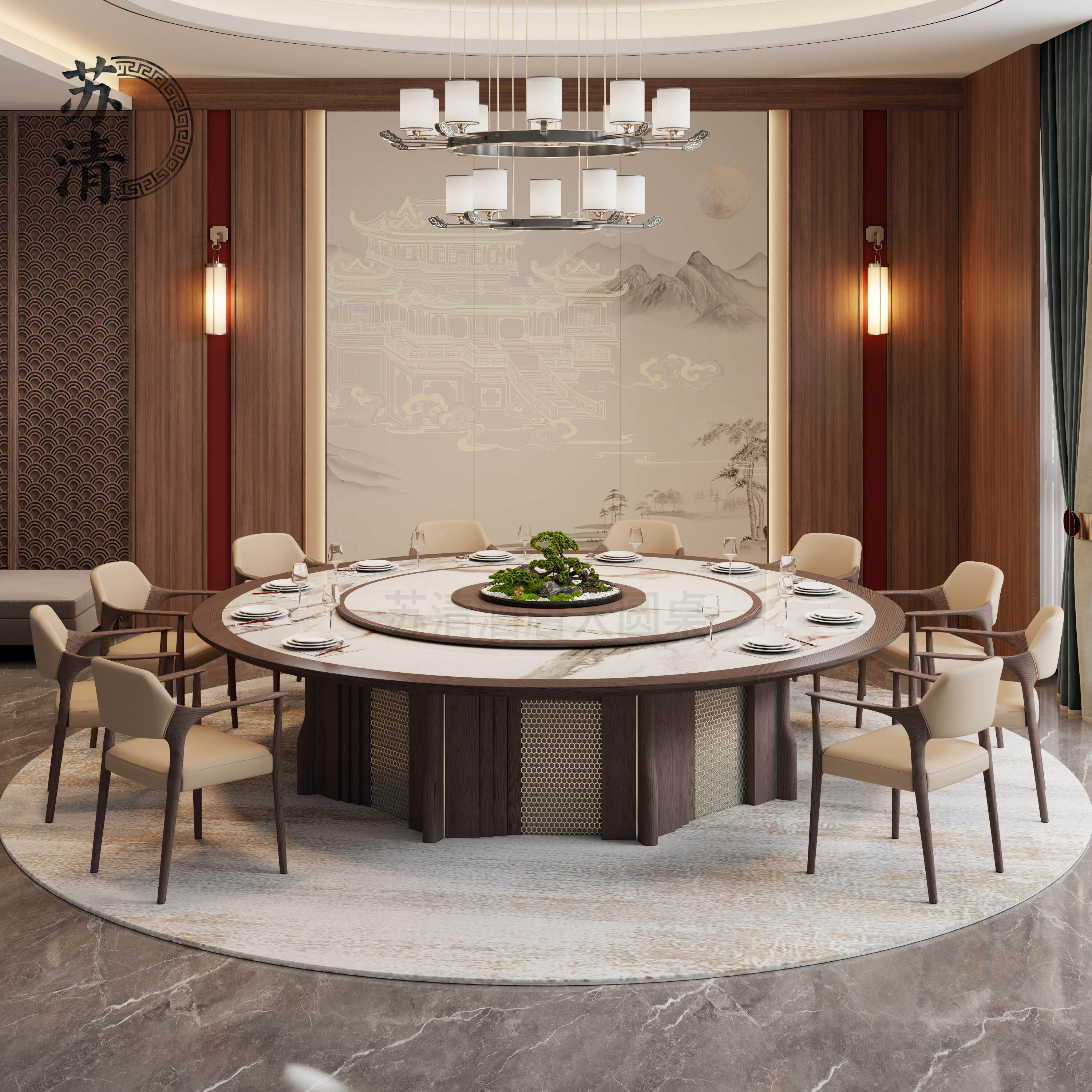 新中式电动餐桌大圆桌酒店实木岩板转盘饭店包厢会所16人20人饭桌 - 淘宝联盟商品