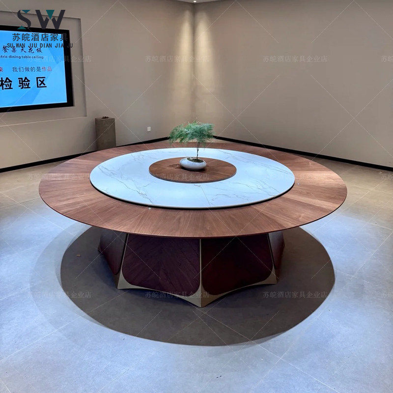 新中式酒店电动餐桌大圆桌椅饭店15人20包厢餐厅会所岩板转盘2米