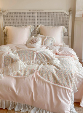 秋冬全棉磨毛四件套少女公主风蕾丝织带加厚被套床上用品粉紫色