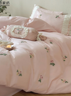 秋冬纯棉加厚磨毛四件套小清新花卉刺绣保暖被套床品1.2床笠紫色