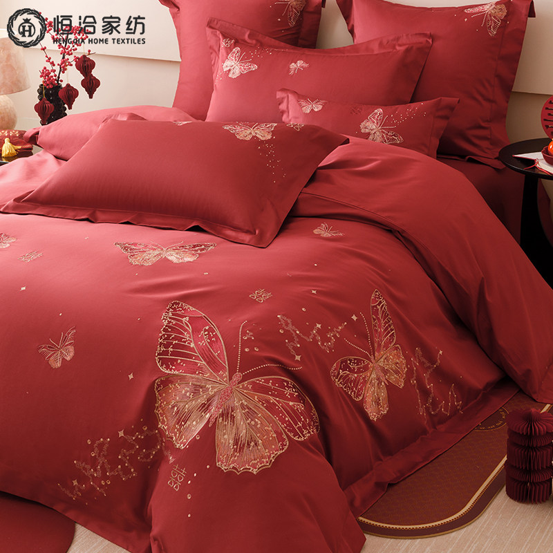 浪漫婚庆全棉长绒棉四件套高精密蝴蝶刺绣结婚红色被套床上用品