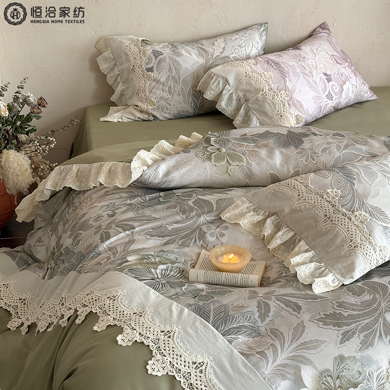 法式风新疆长绒棉四件套全棉花卉印染复古被套床单床上用品绿紫色