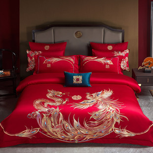 恒洽家纺中式 婚庆全棉床单四件套高端龙凤刺绣结婚被套床上用品