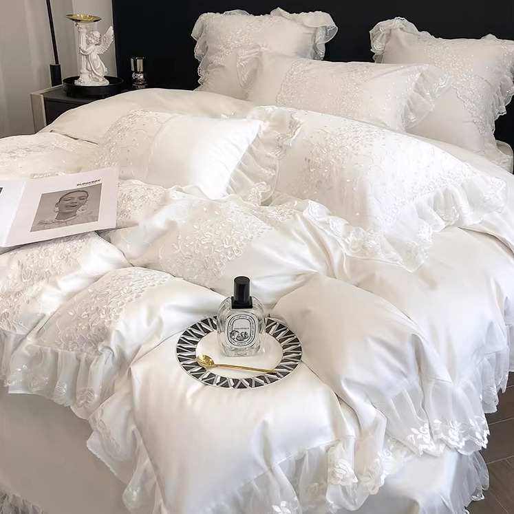 公主风轻奢长绒棉全棉四件套蕾丝刺绣床裙床单纯棉被套床品白色