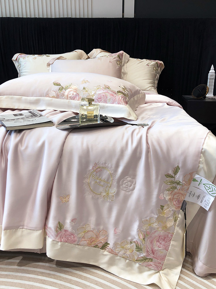 夏凉被60支兰精天丝空调被四件套夏季少女刺绣凉感可水洗粉白色