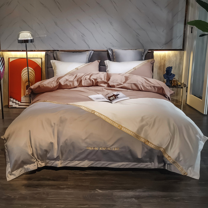 简约款100支纯棉柔软刺绣四件套撞色拼接被套全棉双人床上用品1.