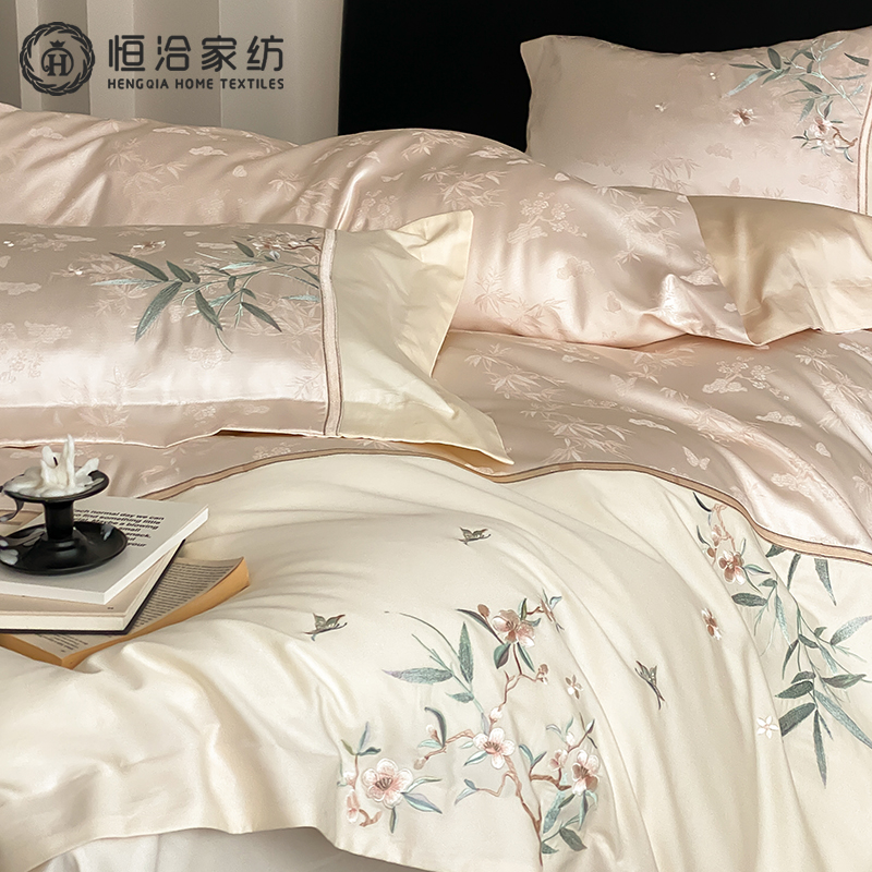 新中式全棉长绒棉床笠四件套精致竹子提花刺绣被套床品香槟粉灰色