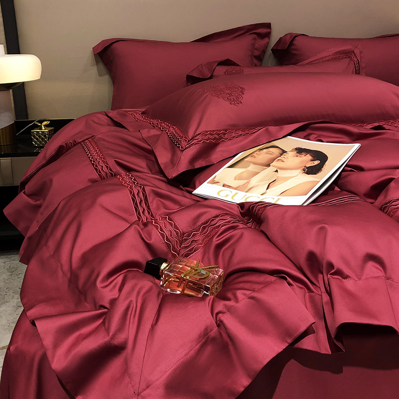 高端婚庆超柔长绒棉四件套全棉红色欧式刺绣轻奢风被套床上用品