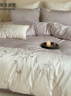 纯棉床单四件套长绒棉四季款高支被套新款1.2m床上用品床笠粉紫色