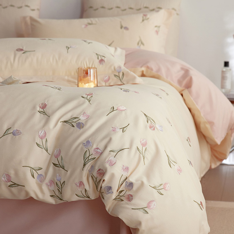 新款秋冬超柔全棉磨毛四件套加厚少女郁金香刺绣被套床品粉绿白色