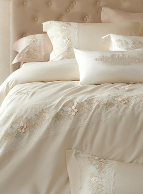 高质量纯棉四件套高级感法式蕾丝纯棉气质新品被套床上用品粉蓝色