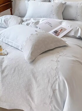 小清新长绒棉纯棉四件套轻奢植物刺绣拼接被套床上用品蓝粉紫色