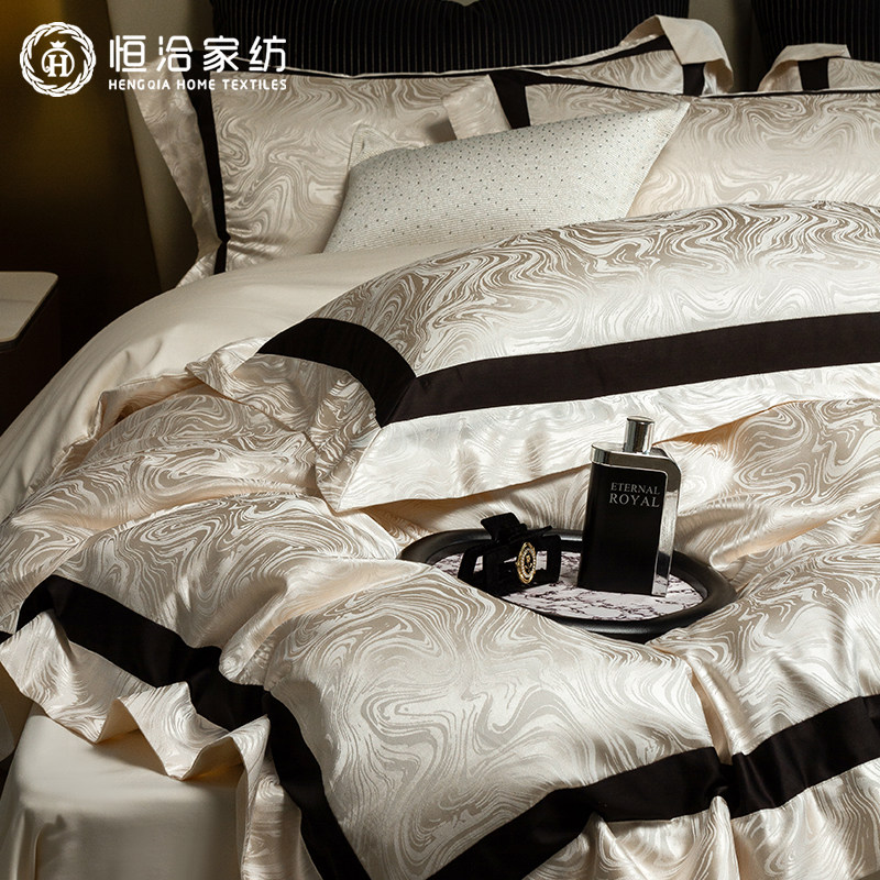 高端纯棉高精密全棉四件套简约高级感拼接宽边被套床品床笠香槟色