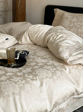 秋冬高级感天丝棉磨毛四件套轻奢提花加厚拼角被套床上用品白灰色